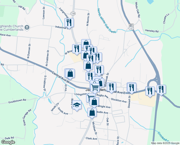 map of restaurants, bars, coffee shops, grocery stores, and more near 209 North Smith Street in Jamestown