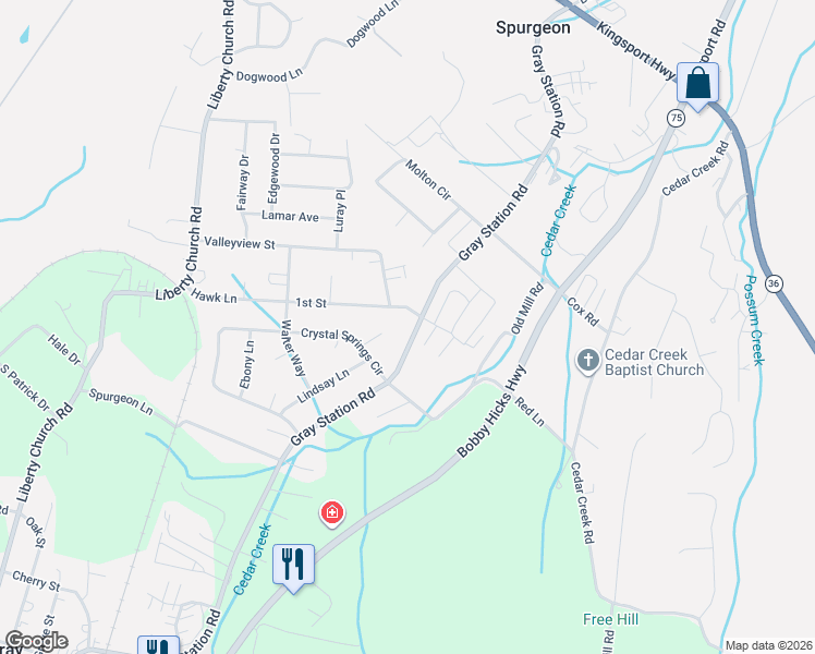 map of restaurants, bars, coffee shops, grocery stores, and more near 249 Valleyview Street in Gray