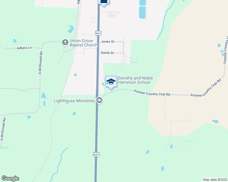 map of restaurants, bars, coffee shops, grocery stores, and more near 143 Puryear Country Club Road in Puryear
