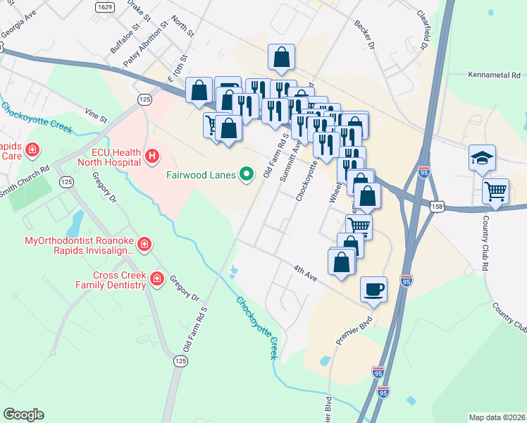 map of restaurants, bars, coffee shops, grocery stores, and more near Old Farm Road Extd in Roanoke Rapids