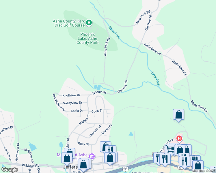 map of restaurants, bars, coffee shops, grocery stores, and more near 211 Ashe Park Road in Jefferson