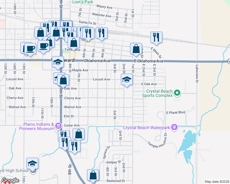 map of restaurants, bars, coffee shops, grocery stores, and more near 3rd Street in Woodward