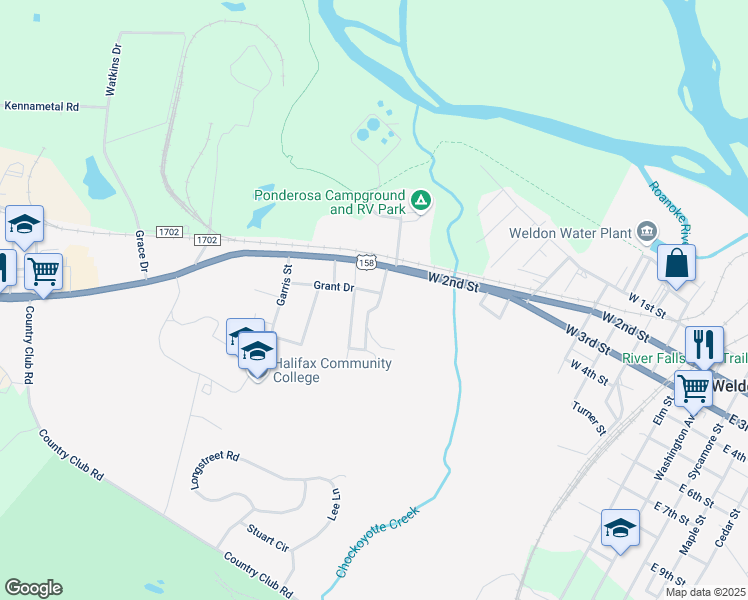 map of restaurants, bars, coffee shops, grocery stores, and more near 701 Grant Drive in Weldon