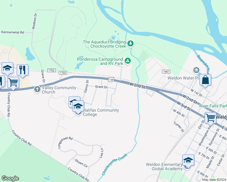 map of restaurants, bars, coffee shops, grocery stores, and more near 701 Grant Drive in Weldon