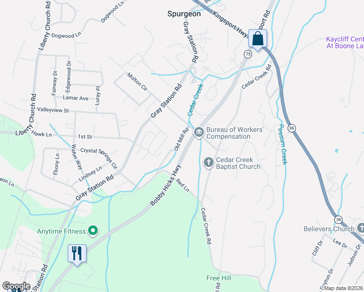 map of restaurants, bars, coffee shops, grocery stores, and more near 148 Old Mill Road in Gray