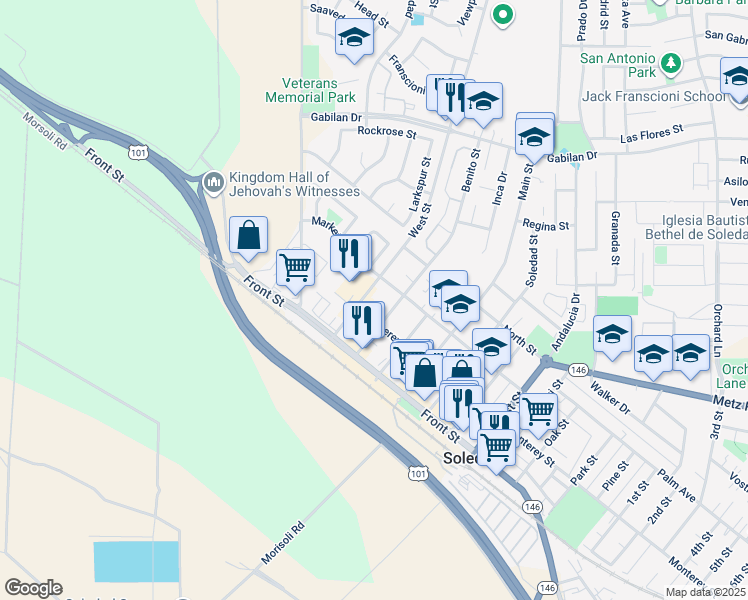 map of restaurants, bars, coffee shops, grocery stores, and more near 236 West Street in Soledad