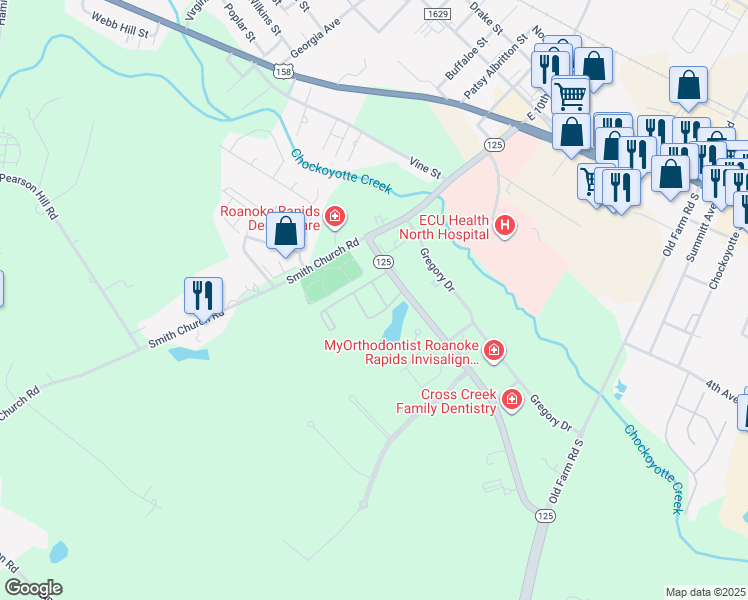 map of restaurants, bars, coffee shops, grocery stores, and more near 100 North Carolina 125 in Roanoke Rapids