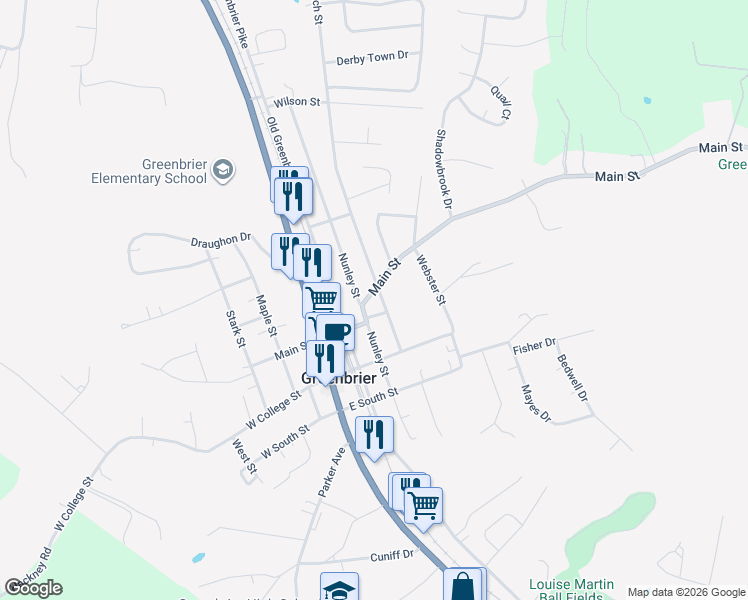 map of restaurants, bars, coffee shops, grocery stores, and more near 1194 Main Street in Greenbrier