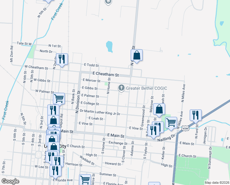 map of restaurants, bars, coffee shops, grocery stores, and more near 621 North Home Street in Union City