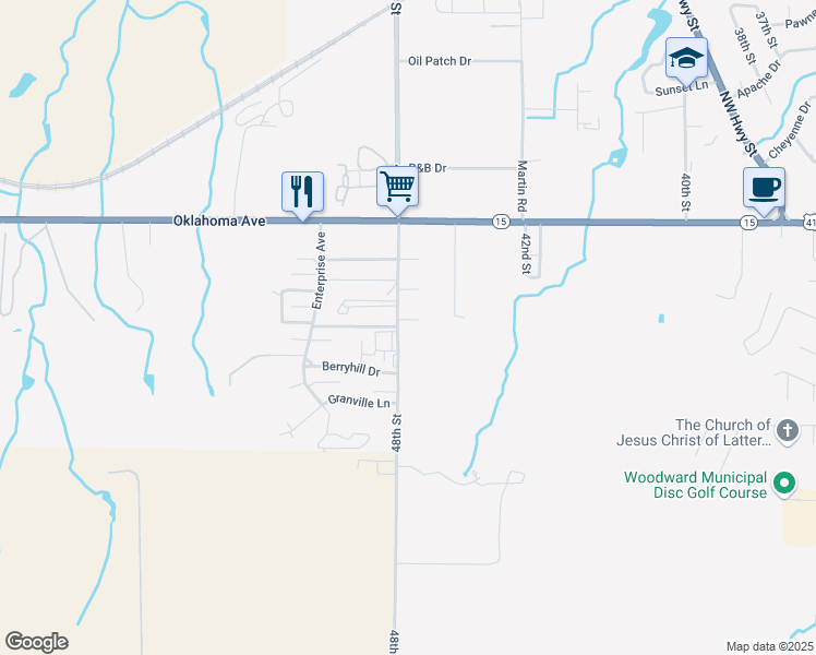 map of restaurants, bars, coffee shops, grocery stores, and more near 4705 Redbud Street in Woodward