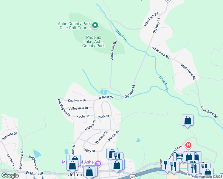 map of restaurants, bars, coffee shops, grocery stores, and more near 211 Ashe Park Road in Jefferson