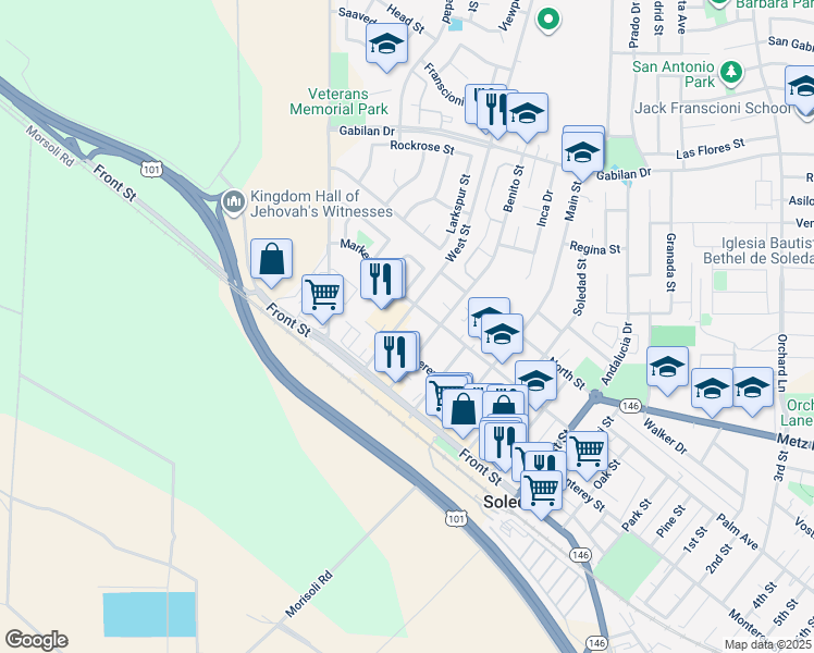 map of restaurants, bars, coffee shops, grocery stores, and more near 236 West Street in Soledad