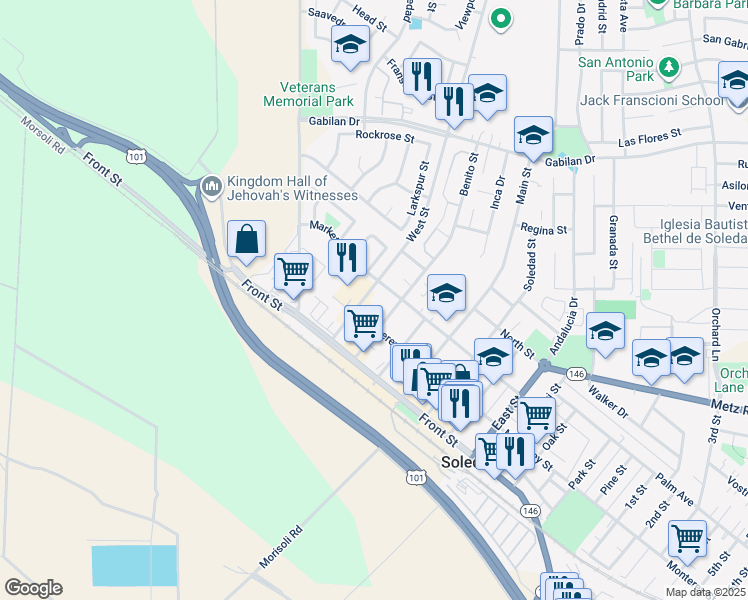 map of restaurants, bars, coffee shops, grocery stores, and more near 248 West Street in Soledad