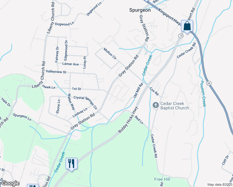 map of restaurants, bars, coffee shops, grocery stores, and more near 444 Old Grist Mill Boulevard in Johnson City