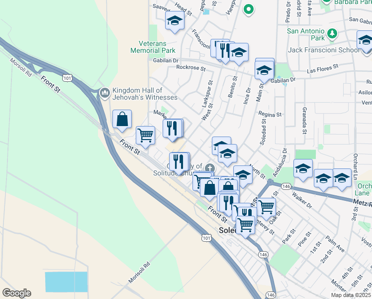 map of restaurants, bars, coffee shops, grocery stores, and more near 258 West Street in Soledad