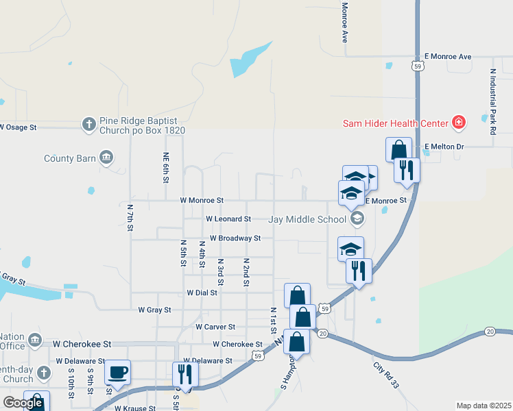 map of restaurants, bars, coffee shops, grocery stores, and more near 110 East Monroe Avenue in Jay