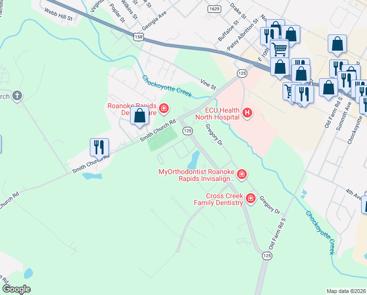 map of restaurants, bars, coffee shops, grocery stores, and more near 100 North Carolina 125 in Roanoke Rapids