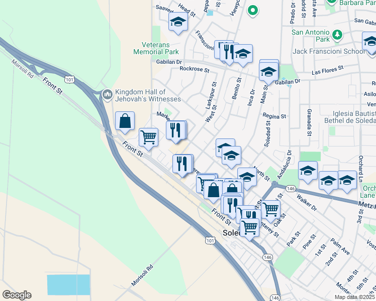map of restaurants, bars, coffee shops, grocery stores, and more near 248 West Street in Soledad