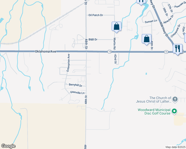 map of restaurants, bars, coffee shops, grocery stores, and more near 4705 Redbud Street in Woodward