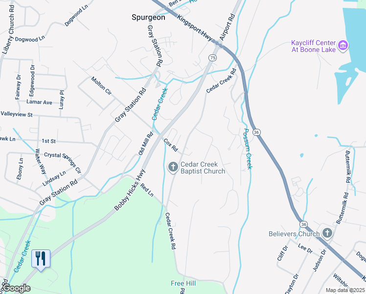 map of restaurants, bars, coffee shops, grocery stores, and more near 217 Cedar Creek Road in Gray