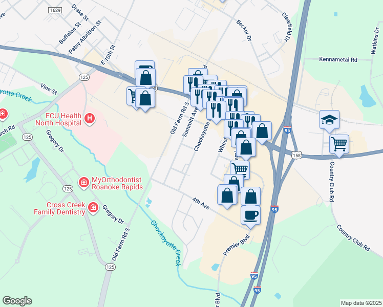 map of restaurants, bars, coffee shops, grocery stores, and more near 303 Chockoyotte Street in Roanoke Rapids