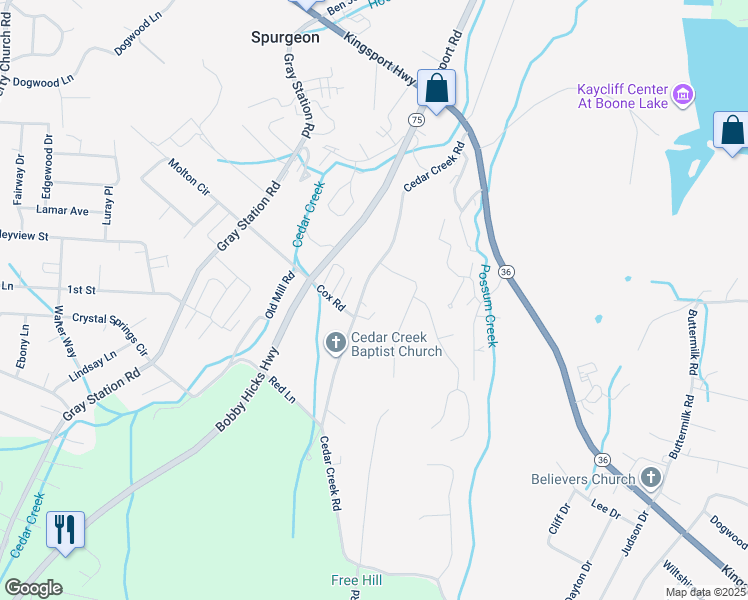map of restaurants, bars, coffee shops, grocery stores, and more near 217 Cedar Creek Road in Gray