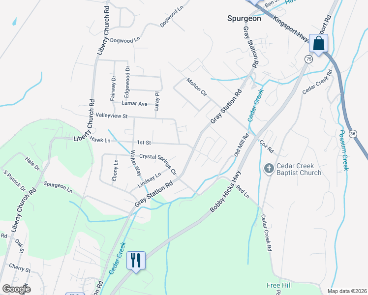 map of restaurants, bars, coffee shops, grocery stores, and more near 249 Valleyview Street in Gray