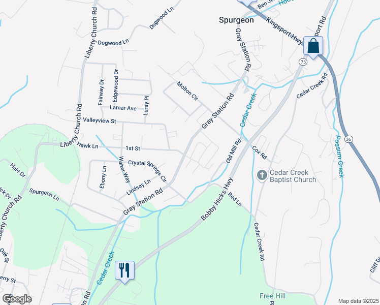 map of restaurants, bars, coffee shops, grocery stores, and more near 444 Old Grist Mill Boulevard in Johnson City