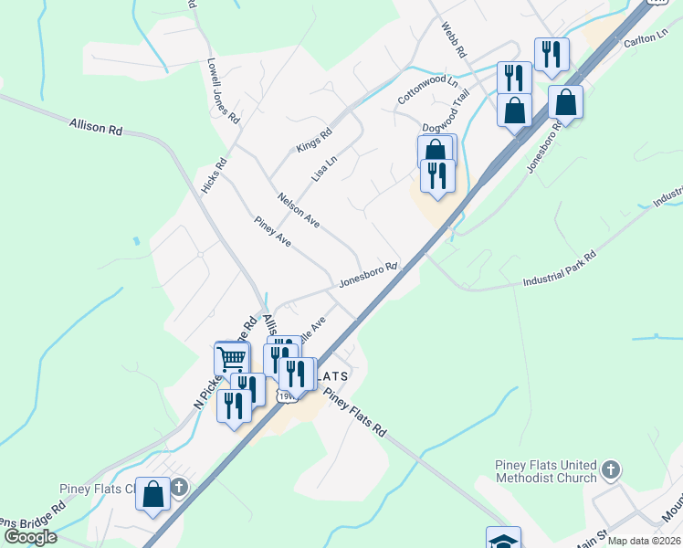 map of restaurants, bars, coffee shops, grocery stores, and more near 464 Jonesboro Rd in Piney Flats
