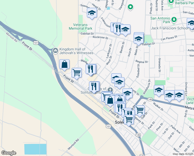 map of restaurants, bars, coffee shops, grocery stores, and more near 258 West Street in Soledad