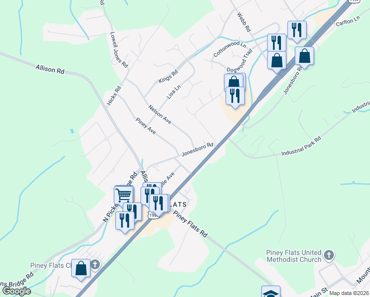 map of restaurants, bars, coffee shops, grocery stores, and more near 464 Jonesboro Road in Piney Flats