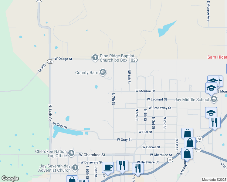 map of restaurants, bars, coffee shops, grocery stores, and more near 717 West Monroe Street in Jay