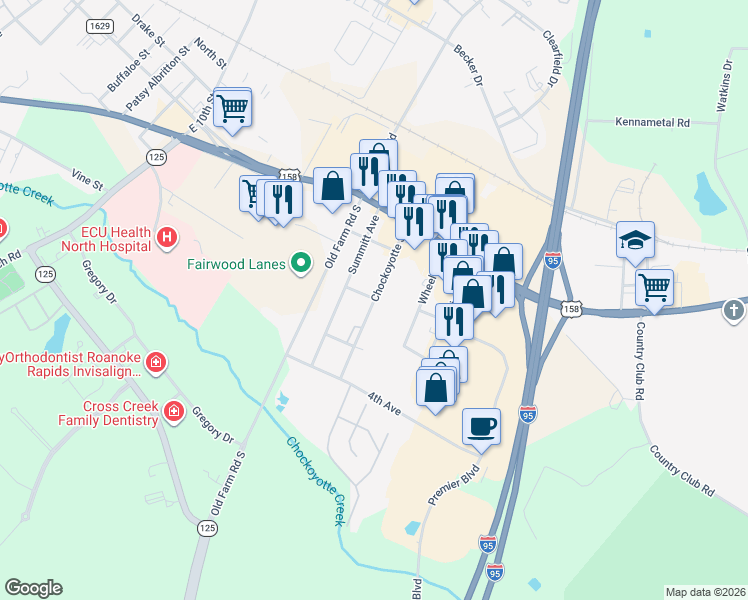 map of restaurants, bars, coffee shops, grocery stores, and more near 300 Chockoyotte Street in Roanoke Rapids