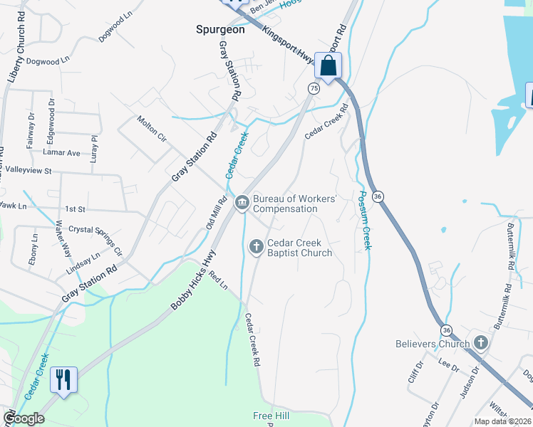 map of restaurants, bars, coffee shops, grocery stores, and more near 19 Stonebriar Court in Gray
