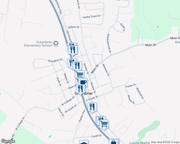 map of restaurants, bars, coffee shops, grocery stores, and more near 1194 Main Street in Greenbrier