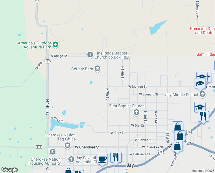 map of restaurants, bars, coffee shops, grocery stores, and more near 717 West Monroe Street in Jay
