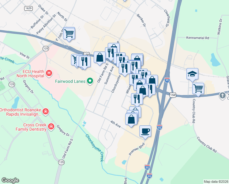 map of restaurants, bars, coffee shops, grocery stores, and more near 300 Chockoyotte Street in Roanoke Rapids