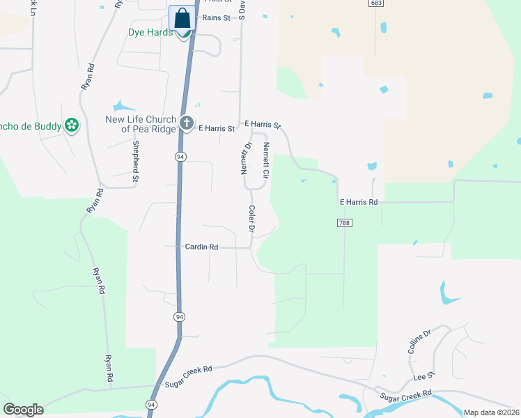 map of restaurants, bars, coffee shops, grocery stores, and more near 1302 Coler Drive in Pea Ridge