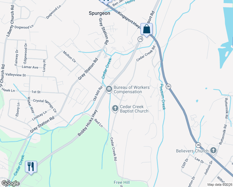 map of restaurants, bars, coffee shops, grocery stores, and more near 19 Stonebriar Court in Gray