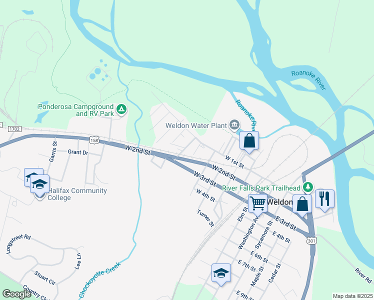 map of restaurants, bars, coffee shops, grocery stores, and more near 116-128 West C Rivers Drive in Weldon
