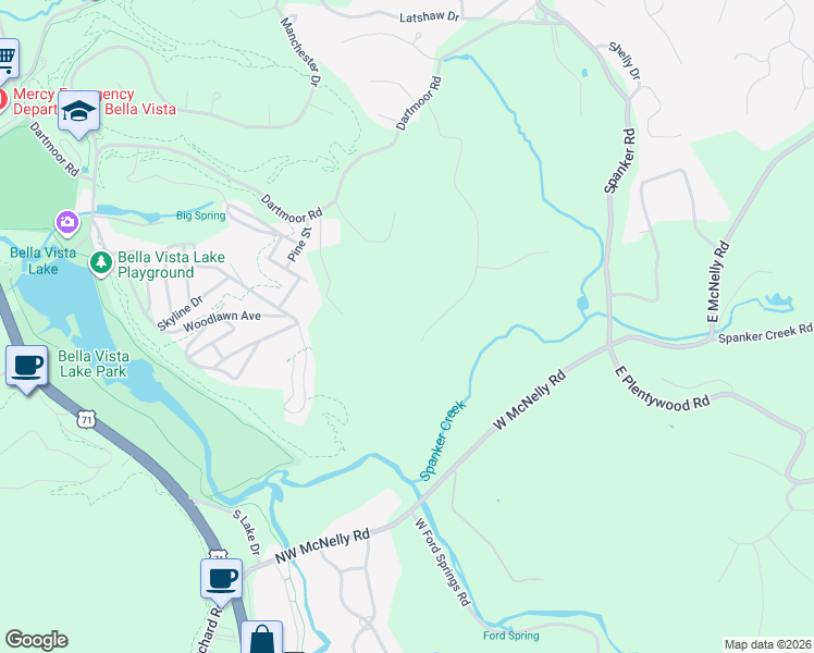 map of restaurants, bars, coffee shops, grocery stores, and more near 13638 Spring Road in Bentonville