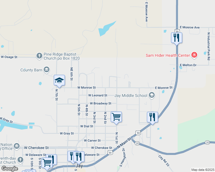 map of restaurants, bars, coffee shops, grocery stores, and more near 110 East Monroe Avenue in Jay