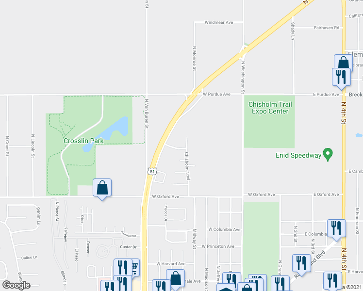 map of restaurants, bars, coffee shops, grocery stores, and more near 706 Chisholm Trail in Enid