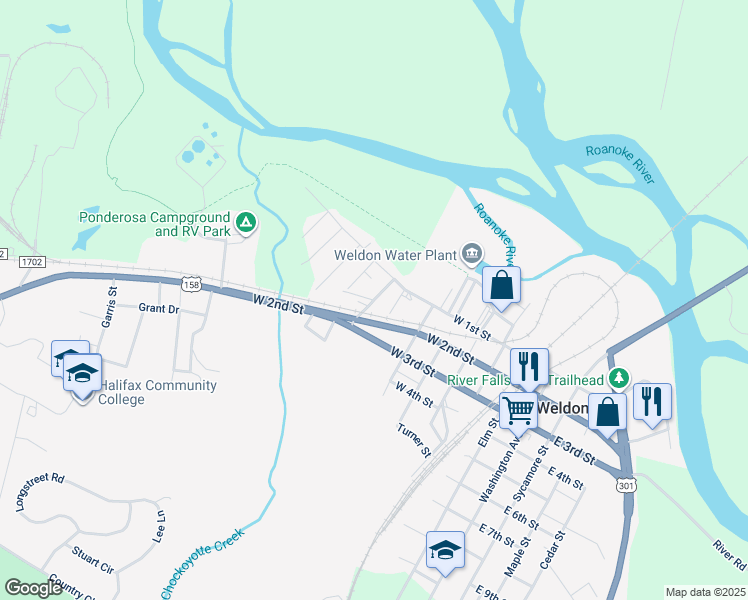 map of restaurants, bars, coffee shops, grocery stores, and more near 116 West C Rivers Drive in Weldon