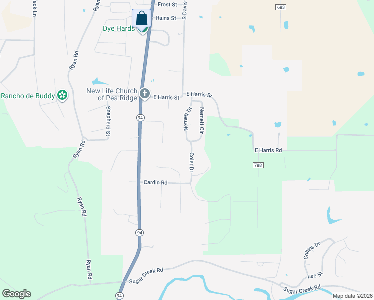map of restaurants, bars, coffee shops, grocery stores, and more near 1302 Coler Drive in Pea Ridge
