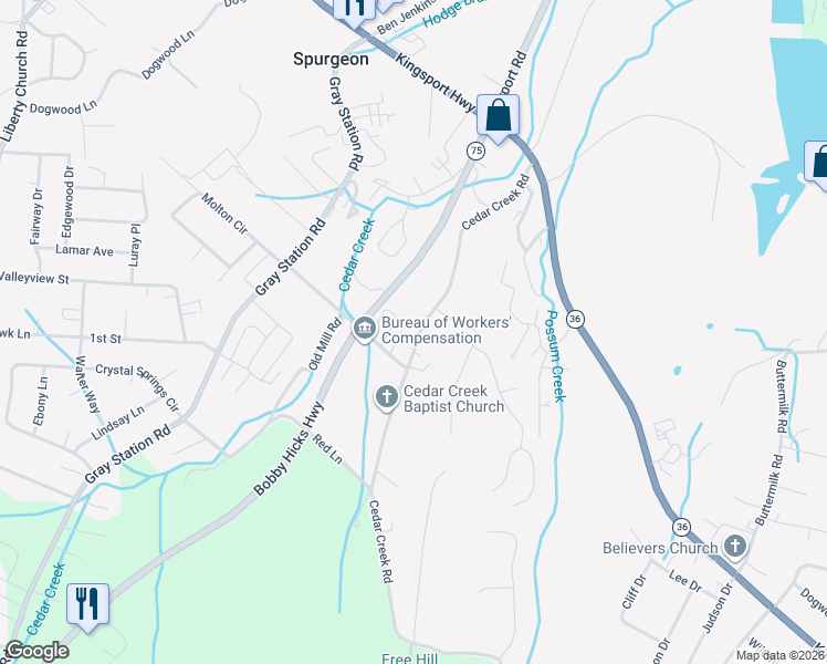 map of restaurants, bars, coffee shops, grocery stores, and more near 217 Cedar Creek Road in Gray