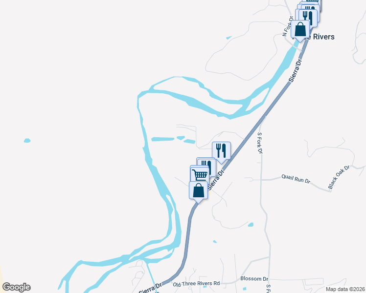 map of restaurants, bars, coffee shops, grocery stores, and more near 41117 Sierra Dr in Three Rivers