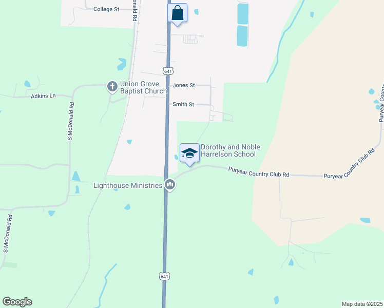 map of restaurants, bars, coffee shops, grocery stores, and more near 143 Puryear Country Club Road in Puryear