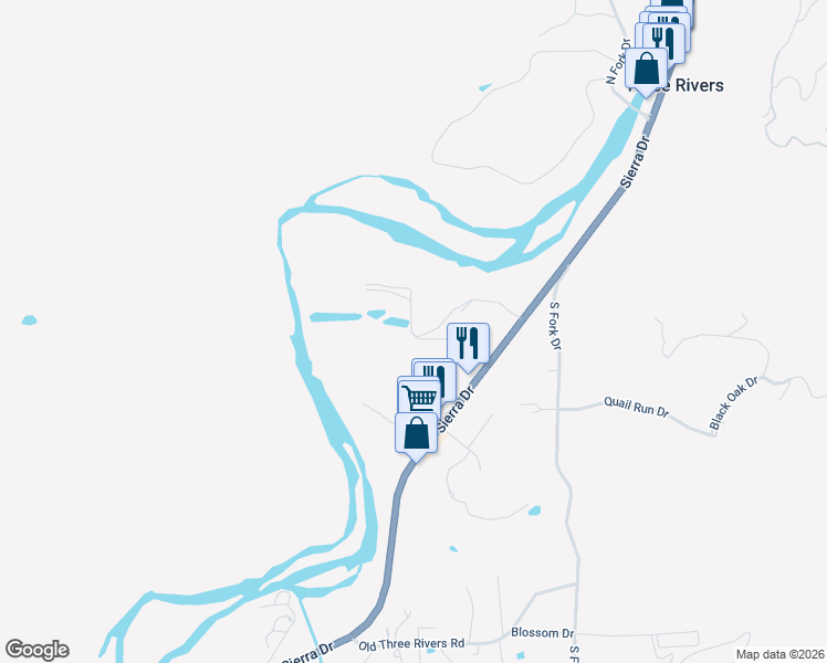 map of restaurants, bars, coffee shops, grocery stores, and more near 41117 Sierra Dr in Three Rivers