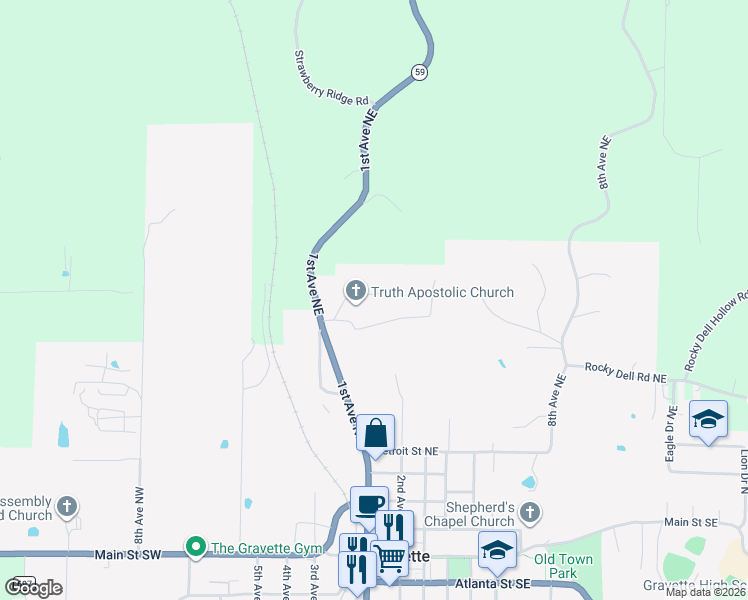 map of restaurants, bars, coffee shops, grocery stores, and more near 201-221 Redbud Lane Northeast in Gravette